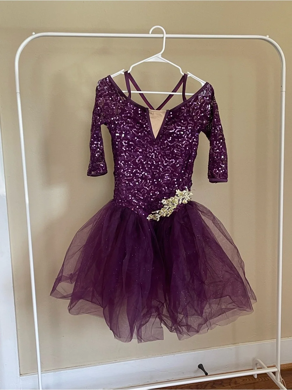 Weissman Purple Sequin Tulle Dance Dress with Gold Applique